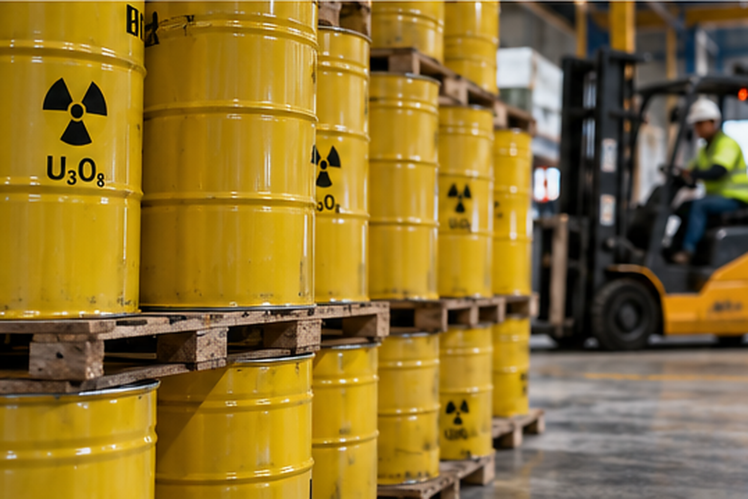 physical uranium liquidity x x U3O8 uranium drums in an industrial warehouse representing UROY’s use of physical uranium holdings as a source of capital.