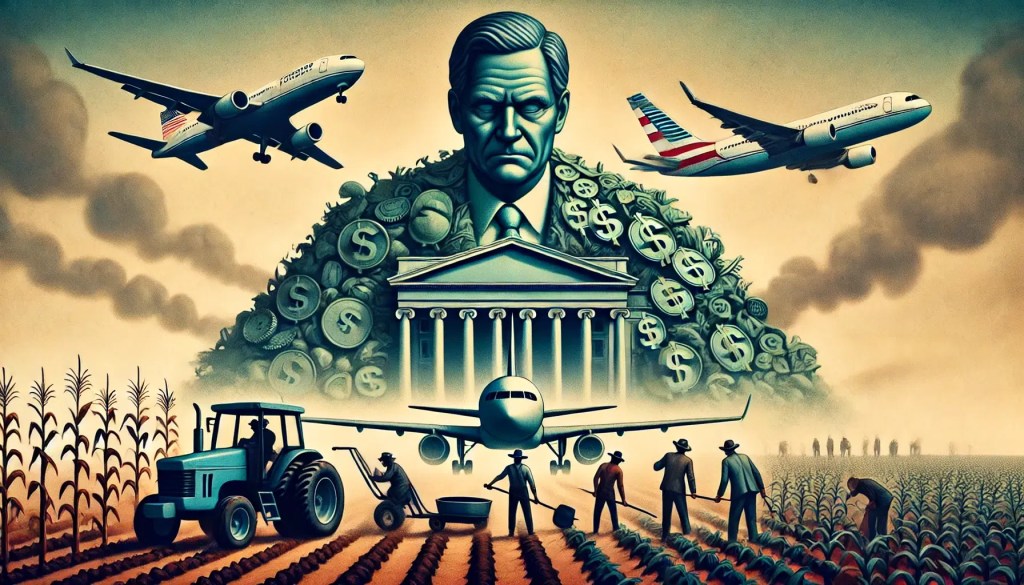 Treasury's Indifference to Industry Struggles Illustration of the U.S. Treasury sneering at farmers with wilted crops and grounded planes, symbolizing policy neglect.