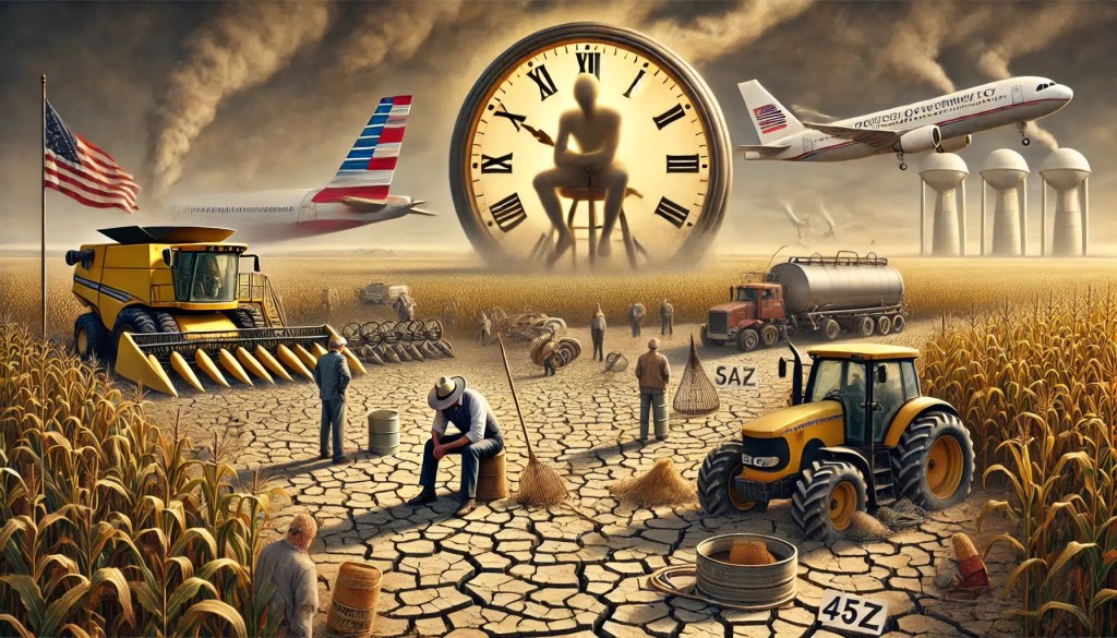 Disappointment in Delayed 45Z Policies Dejected farmers, ethanol producers, and SAF producers stand under a broken clock symbolizing delayed 45Z requirements.