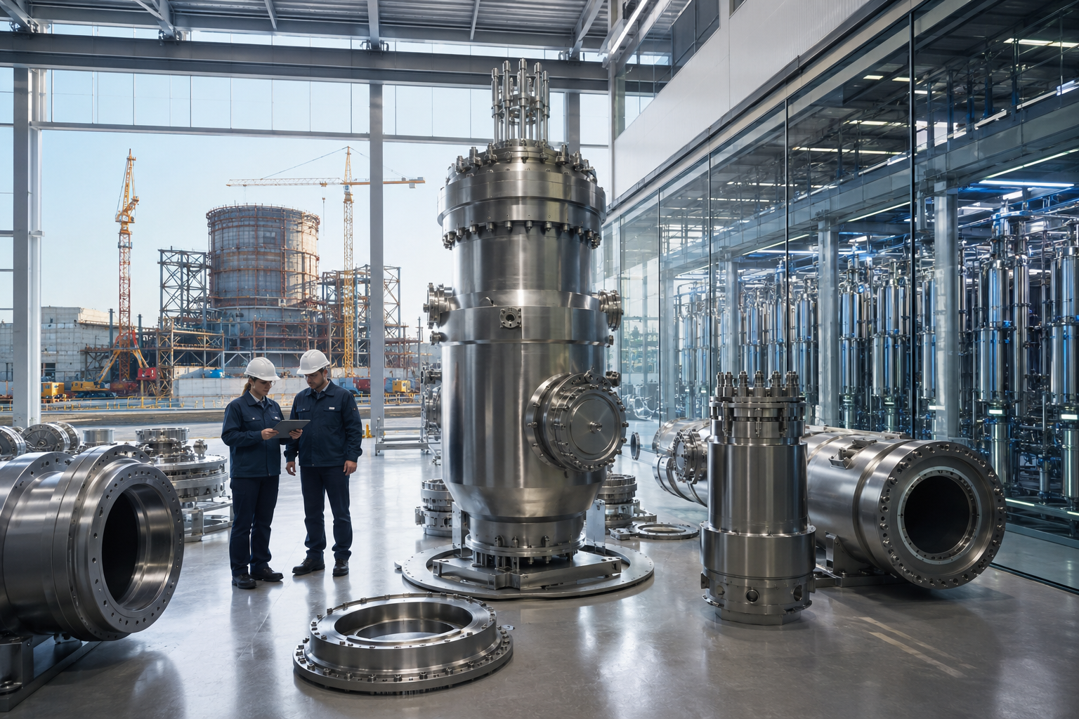 A wide, photorealistic view of a modern nuclear engineering facility with reactor components, engineers reviewing plans, advanced cylindrical processing equipment, and an unfinished project site visible beyond the factory.