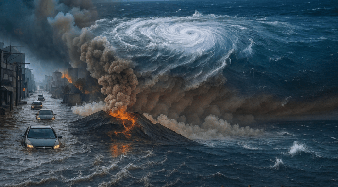 Catastrophe Bonds Funding U.S. Climate Strategy Volcanic eruption and hurricane flood a city street with cars submerged