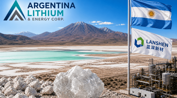 Argentina Lithium Secures Key Partnership Lithium mining site in Argentina with ponds, mountains, company logo, and Lanshen flag