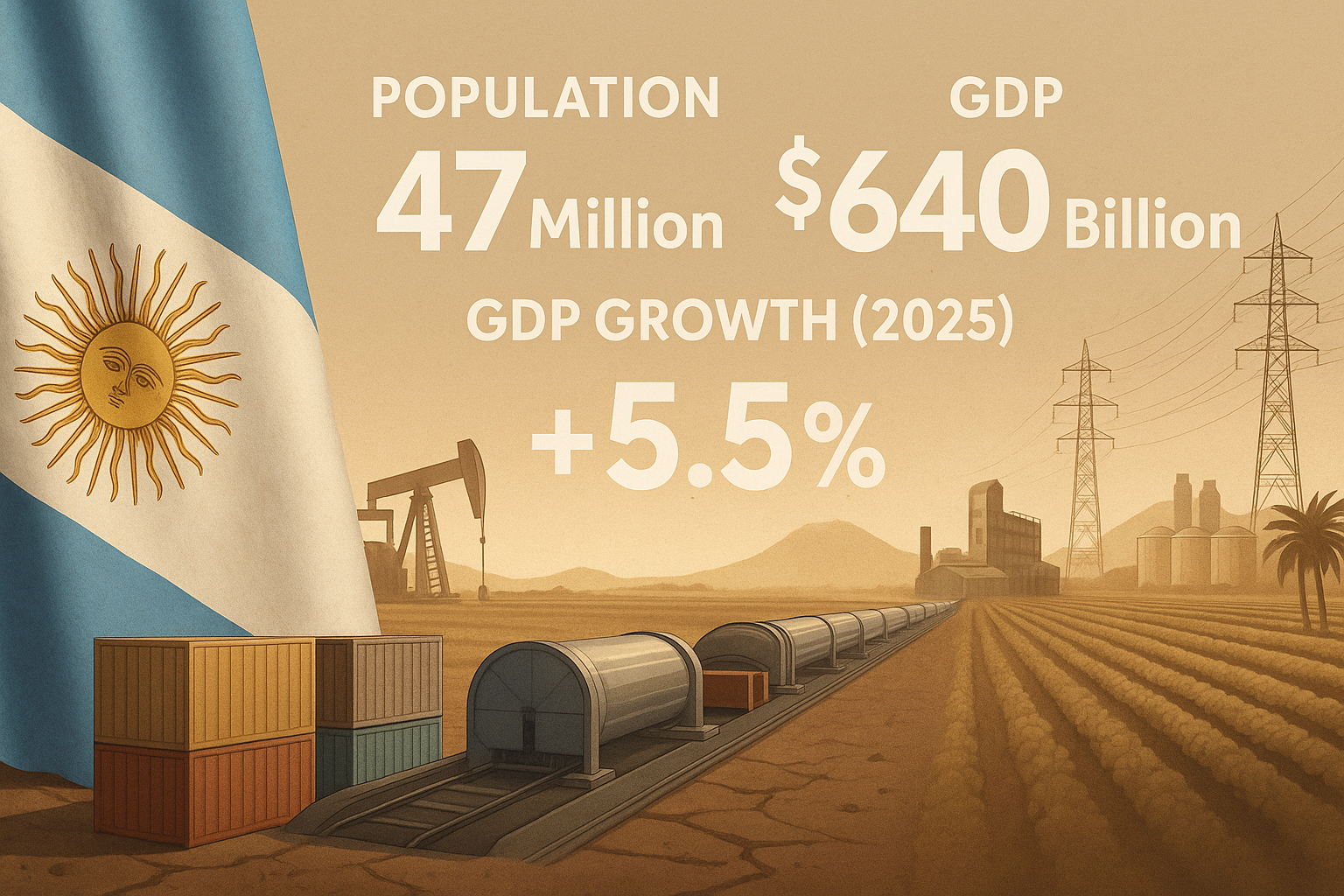 Lifelike tableau showing rising agricultural, mining, and energy sectors against a backdrop of Argentina’s economic symbols.