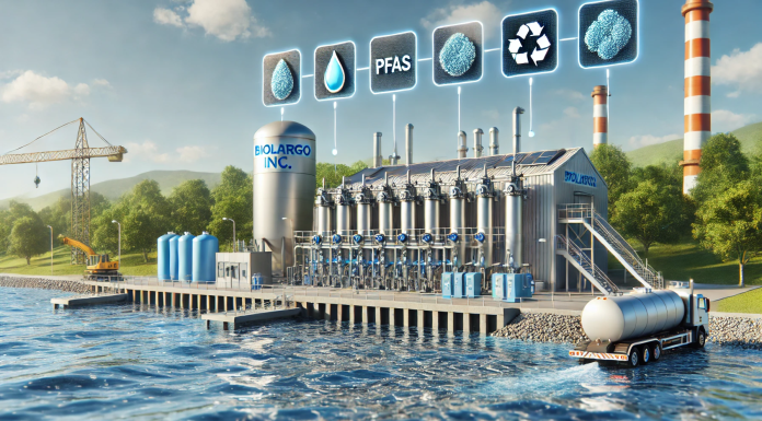 BioLargo, Inc. Engineering its AEC Legacy Illustration of BioLargo AEC system with logo and PFAS hazardous waste icons at Lake Stockholm treatment plant.