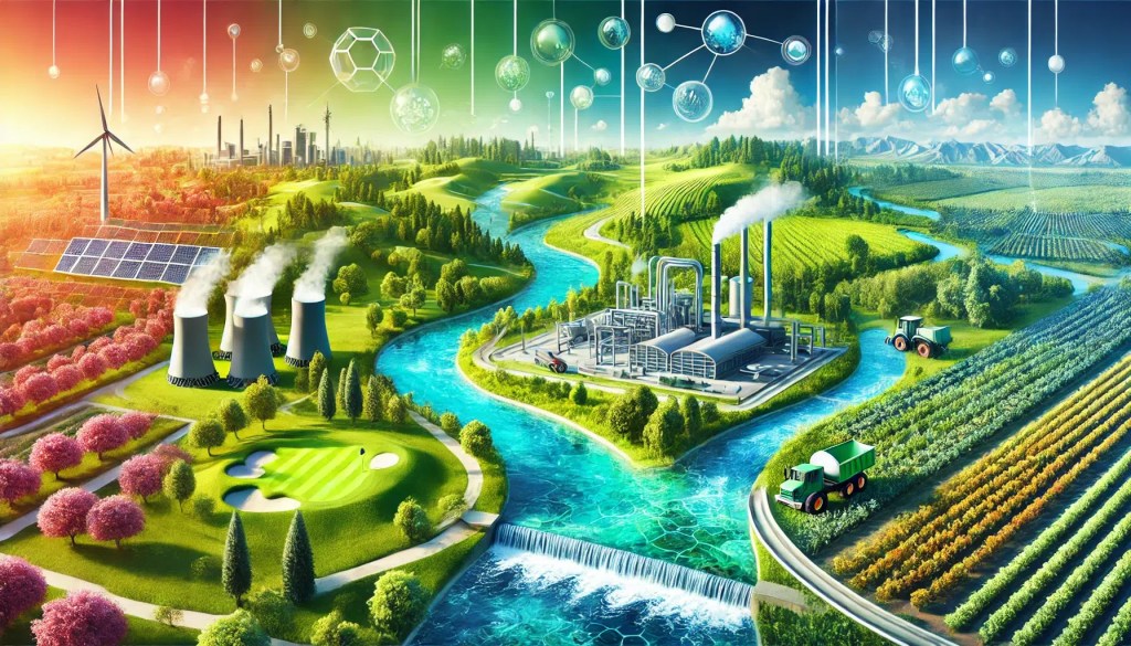 Integrated Applications of Nano-Void Technology A vibrant landscape showing a clear golf course pond, industrial water treatment, thriving agriculture, and clean rural water.