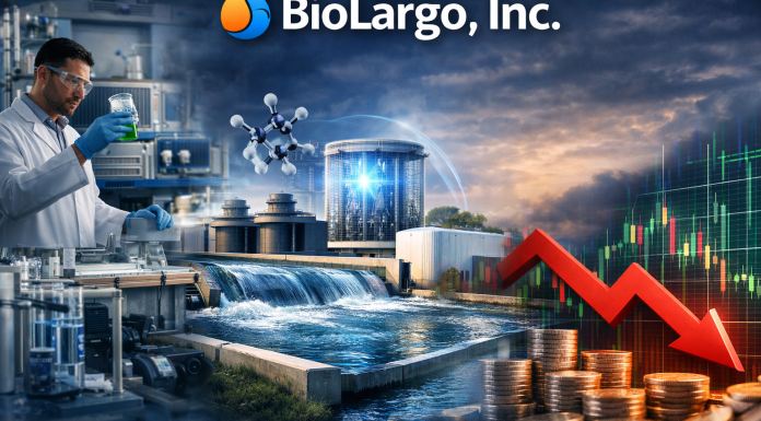 BioLargo Advances Platforms, Faces Revenue Reset Scientist, water treatment system, and declining financial chart with BioLargo logo