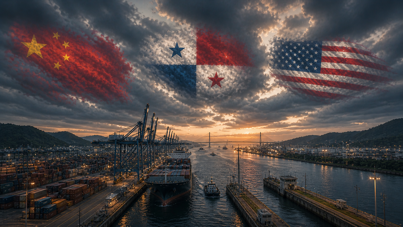 Industrial harbor at sunset with cloud flags Industrial harbor at sunset with cloud flags
