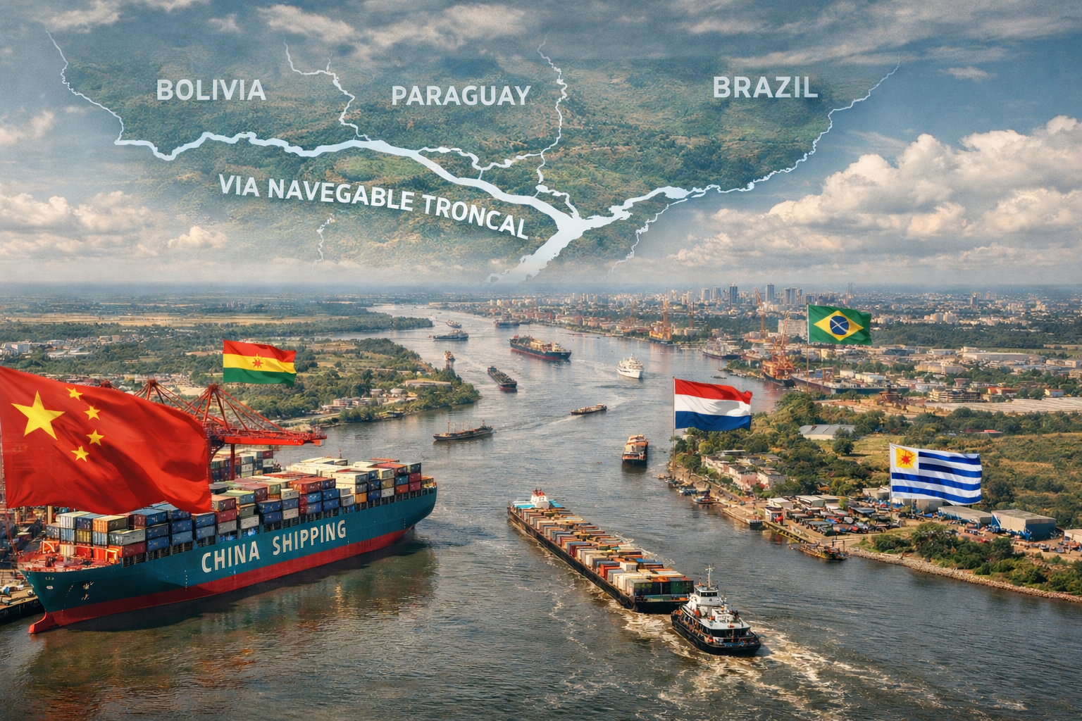 China Shipping on the VNT waterway Aerial VNT waterway with Chinese ship and flags of all regional countries including Argentina