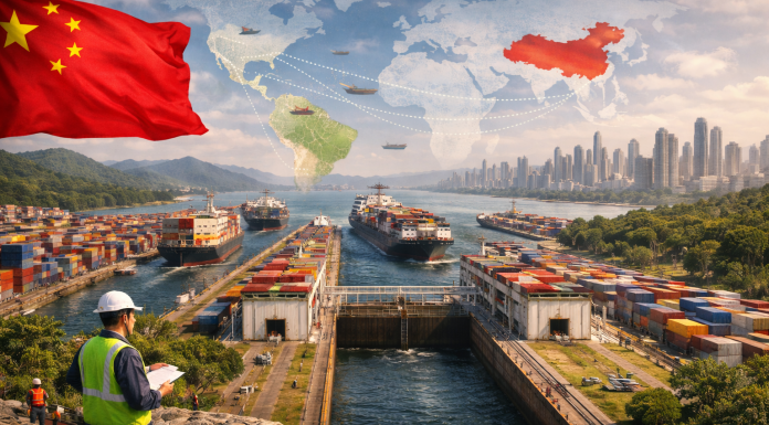 Panama Ports Quietly Await Global Shift Panama Canal with cargo ships, containers, and Chinese flag showing global trade routes