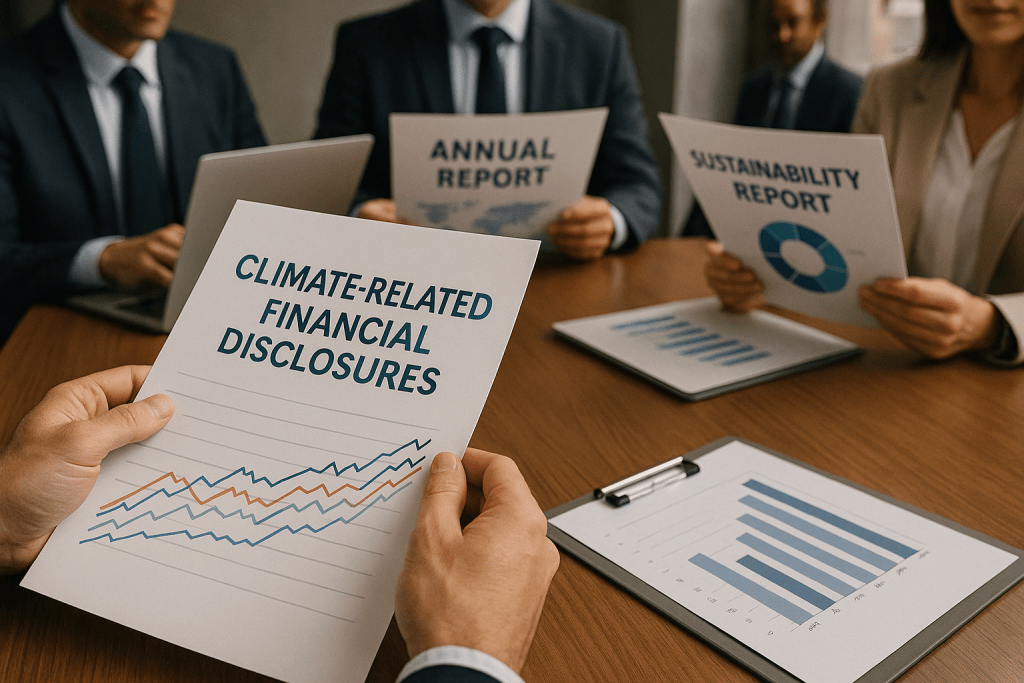 Executives reviewing climate and sustainability disclosure reports in a conference room.