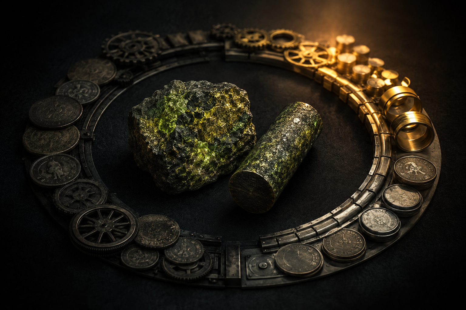 Uranium ore and a cylindrical uranium sample rest at the center of a dark mechanical arrangement of gears, metal tracks, coins, and brass components illuminated by warm golden light.