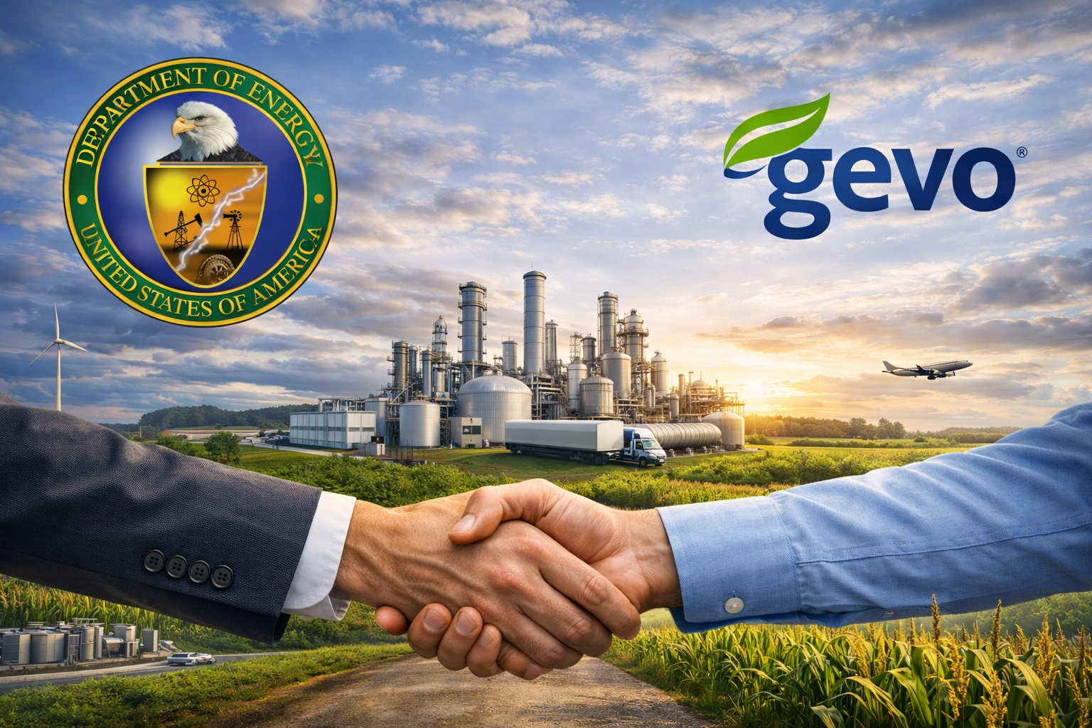DOE Gevo Clean Energy Alliance Updated DOE seal with handshake and refinery under open sky