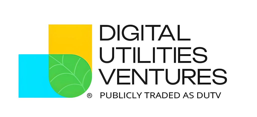 Logo of Digital Utilities Ventures with colorful geometric shapes and a green leaf design, labeled "Publicly Traded as DUTV."