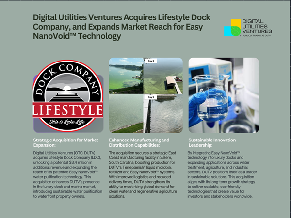 Digital Utilities Ventures Acquires Lifestyle Dock to Boost Water Purification Reach Three-panel graphic showing Digital Utilities Ventures acquiring Lifestyle Dock, with images of a dock, clean water comparison, and lab equipment.