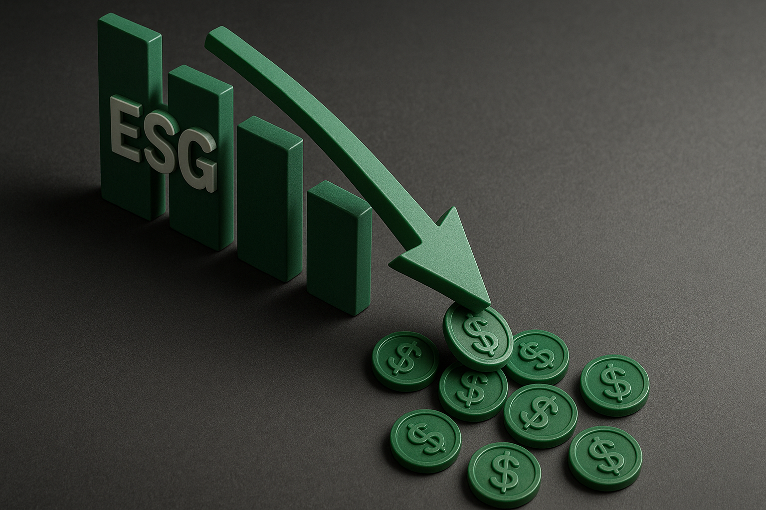 ESG Investment Declines 3D green bar chart labeled ESG with descending bars and arrow dropping dollar coins.