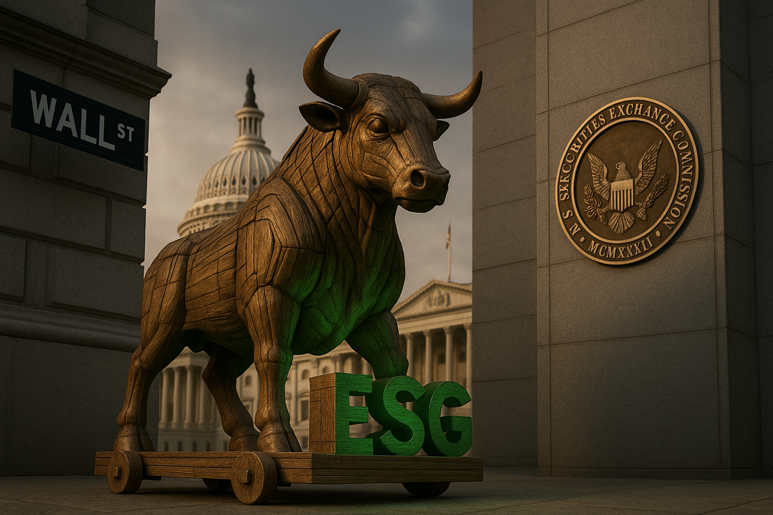 Trojan-style bull with ESG base stands between Wall Street, Capitol dome, and SEC seal.