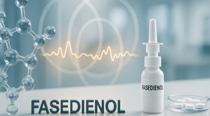 Vistagen Nears Critical CNS Milestone Fasedienol nasal spray bottle with pills, molecule model, and waveform