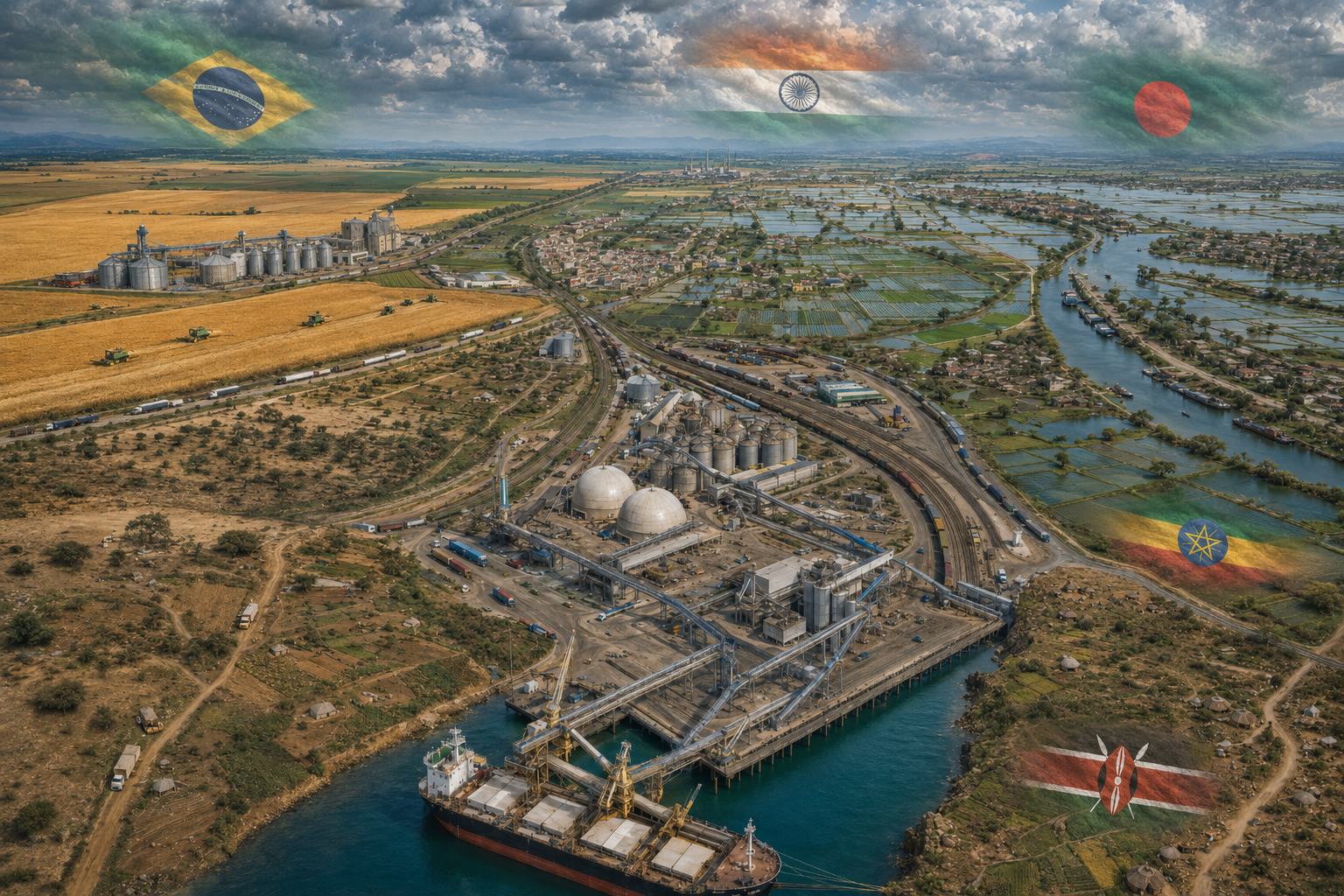 Fertilizer Import Dependence Across Major Agricultural Markets Hyper-realistic aerial scene combining import terminals, rail and road freight, storage facilities, irrigated farmland, and contrasting agricultural landscapes representing Kenya, Ethiopia, Bangladesh, India, and Brazil.