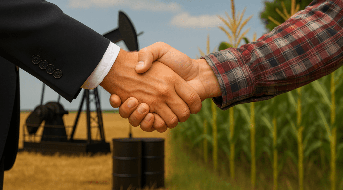 A handshake between a man in a suit and a farmer in plaid with cornfield and oil rig split background.