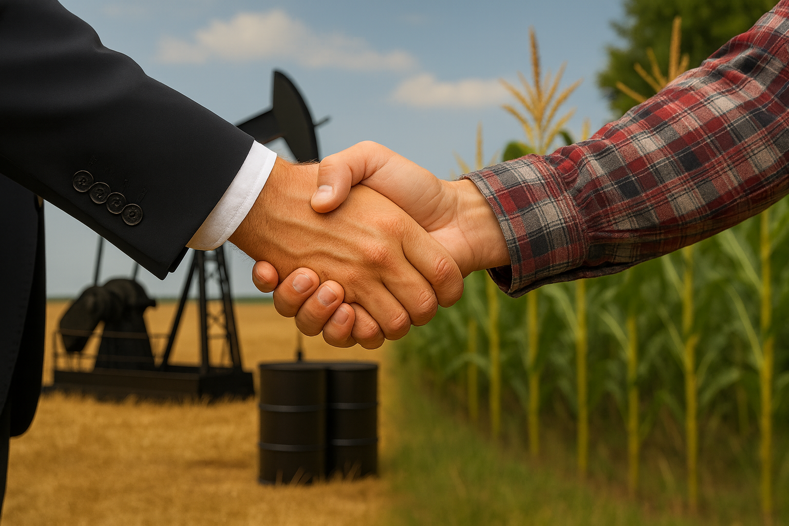 Fuel Sector Alliance Biofuels Petroleum A handshake between a man in a suit and a farmer in plaid with cornfield and oil rig split background.