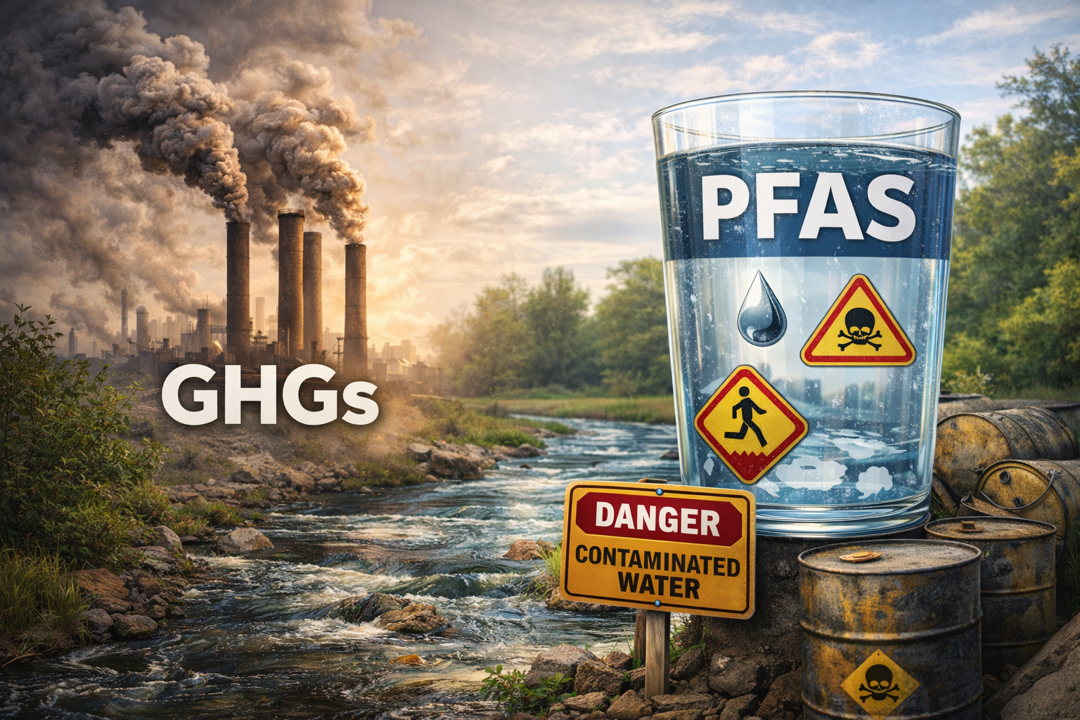 GHG Emissions and PFAS Water Contamination Industrial smokestacks emit GHGs near a river with PFAS warning signs and tainted water glass