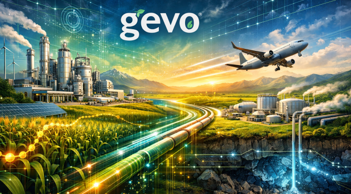 Gevo: Windfall to Sustained Profitability Panoramic of a futuristic energy site with Gevo biofuel plant, pipelines, aircraft, and eco-systems.