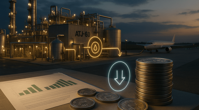Gevo Converts 45Z Carbon Credits into Capital SAF refinery with carbon tokens and fueling jet at dusk