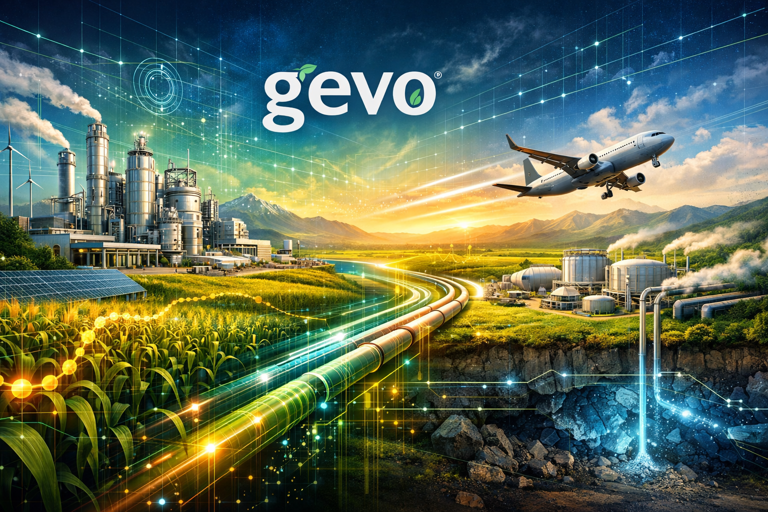 Gevo Panoramic of a futuristic energy site with Gevo biofuel plant, pipelines, aircraft, and eco-systems.