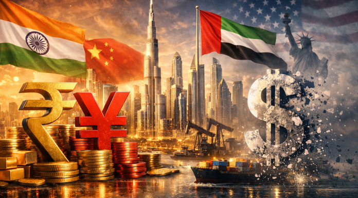 India and China currencies rise beside UAE skyline as the U.S. dollar fractures, symbolizing a global reserve shift.