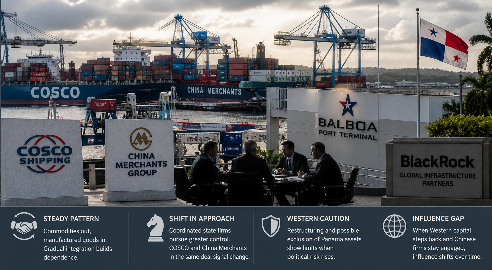 Hyperrealistic port scene with cargo ships, cranes, and executives discussing global infrastructure strategy.