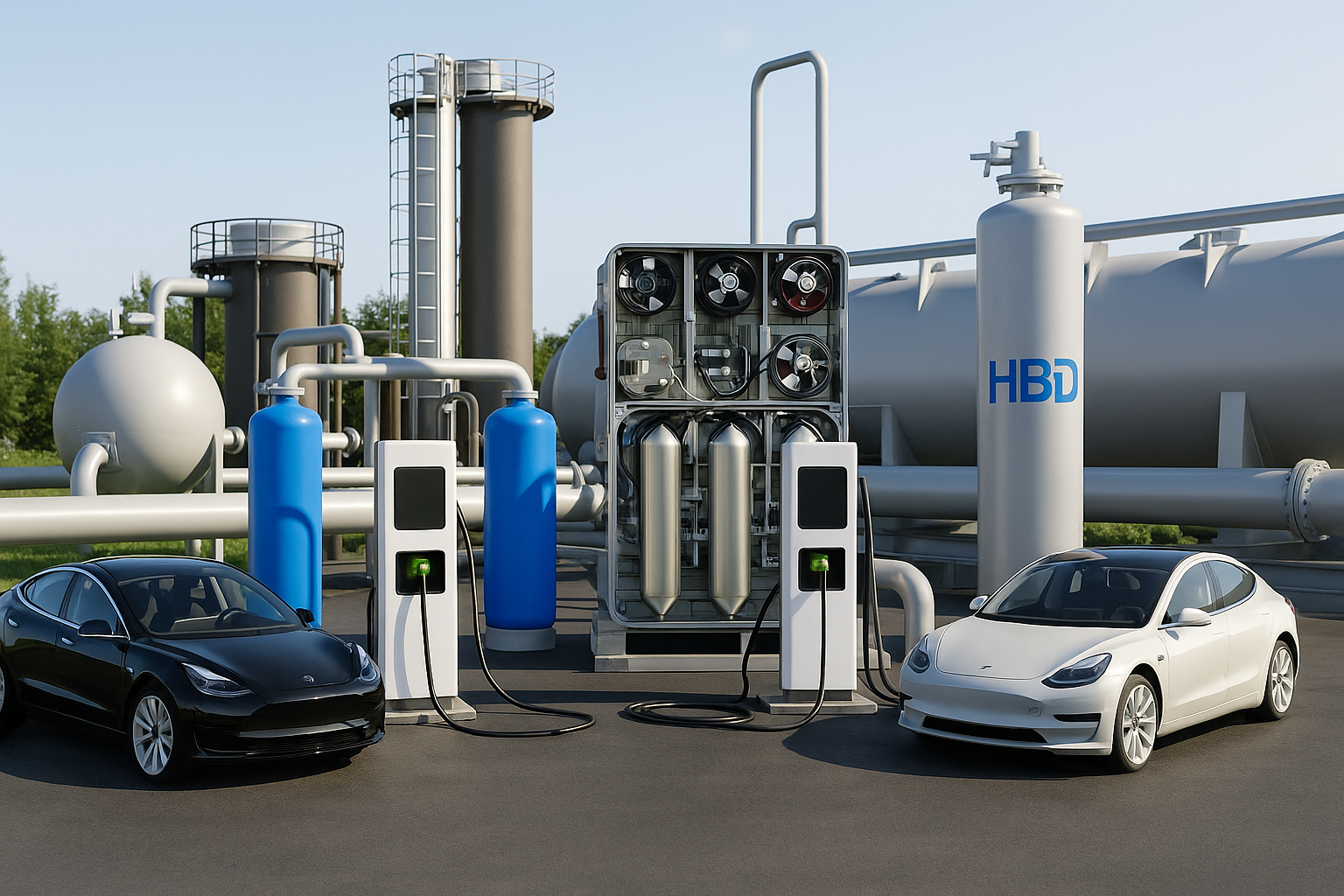 Hydrogen EV Station Composite Black and white EVs charging at a hydrogen facility with tanks and pipes in background