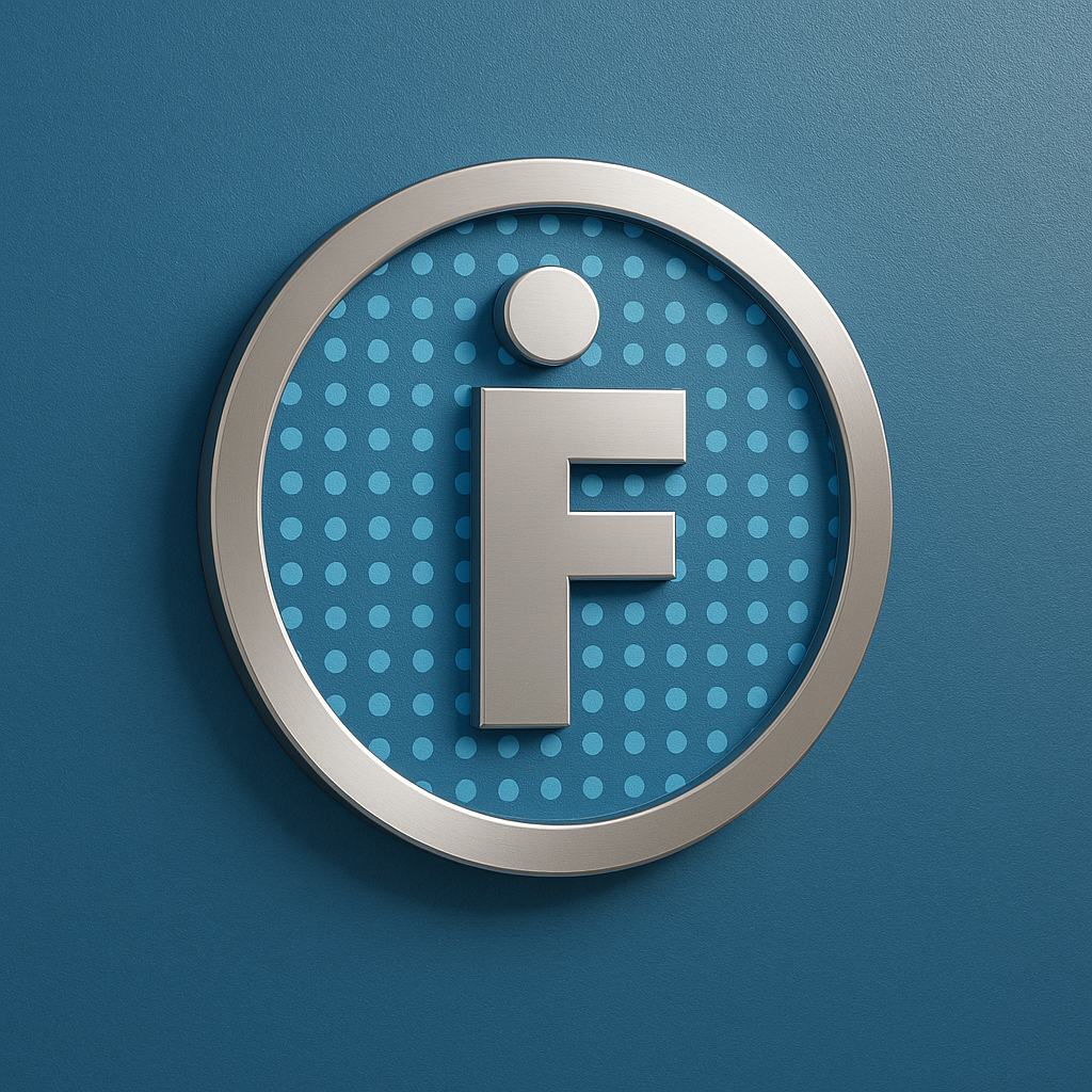 Metallic IFUS “F” in circle on blue wall with dotted background