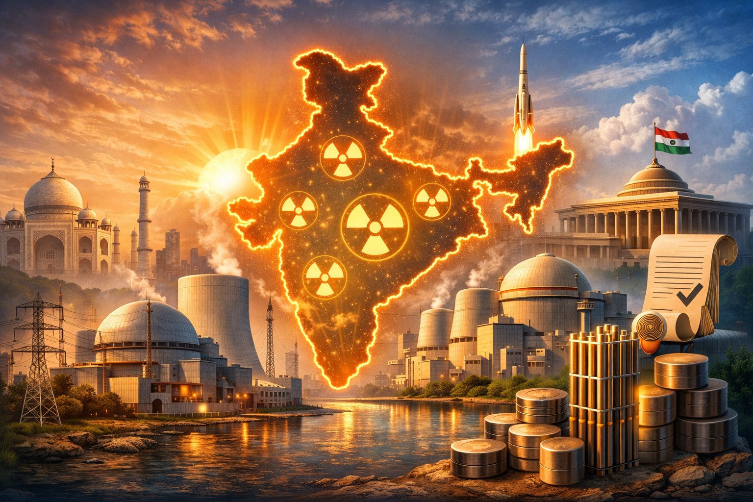 India Nuclear Energy Growth Vision Glowing India map over nuclear plants, fuel rods, and policy symbols showing long-term energy demand