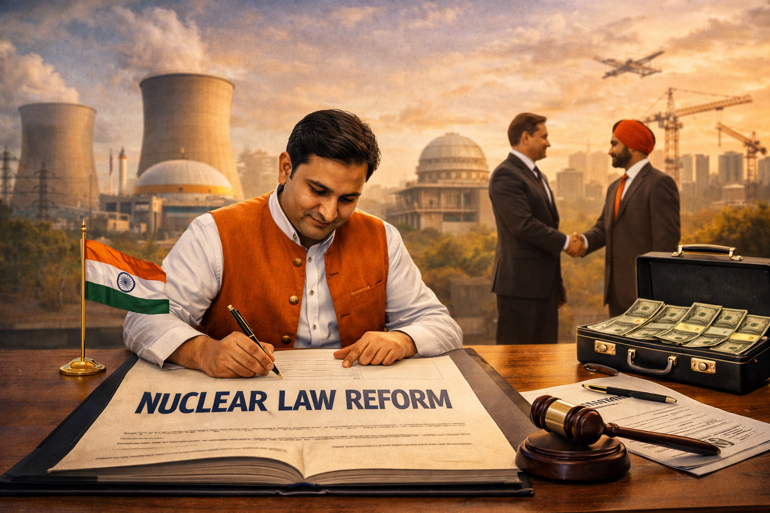 India Rewrites Nuclear Liability Framework to Unlock Private and Foreign Investment An Indian official signs a nuclear law reform document at a desk, with a nuclear power plant in the background and two businessmen shaking hands beside a briefcase of cash, symbolizing foreign and private investment.