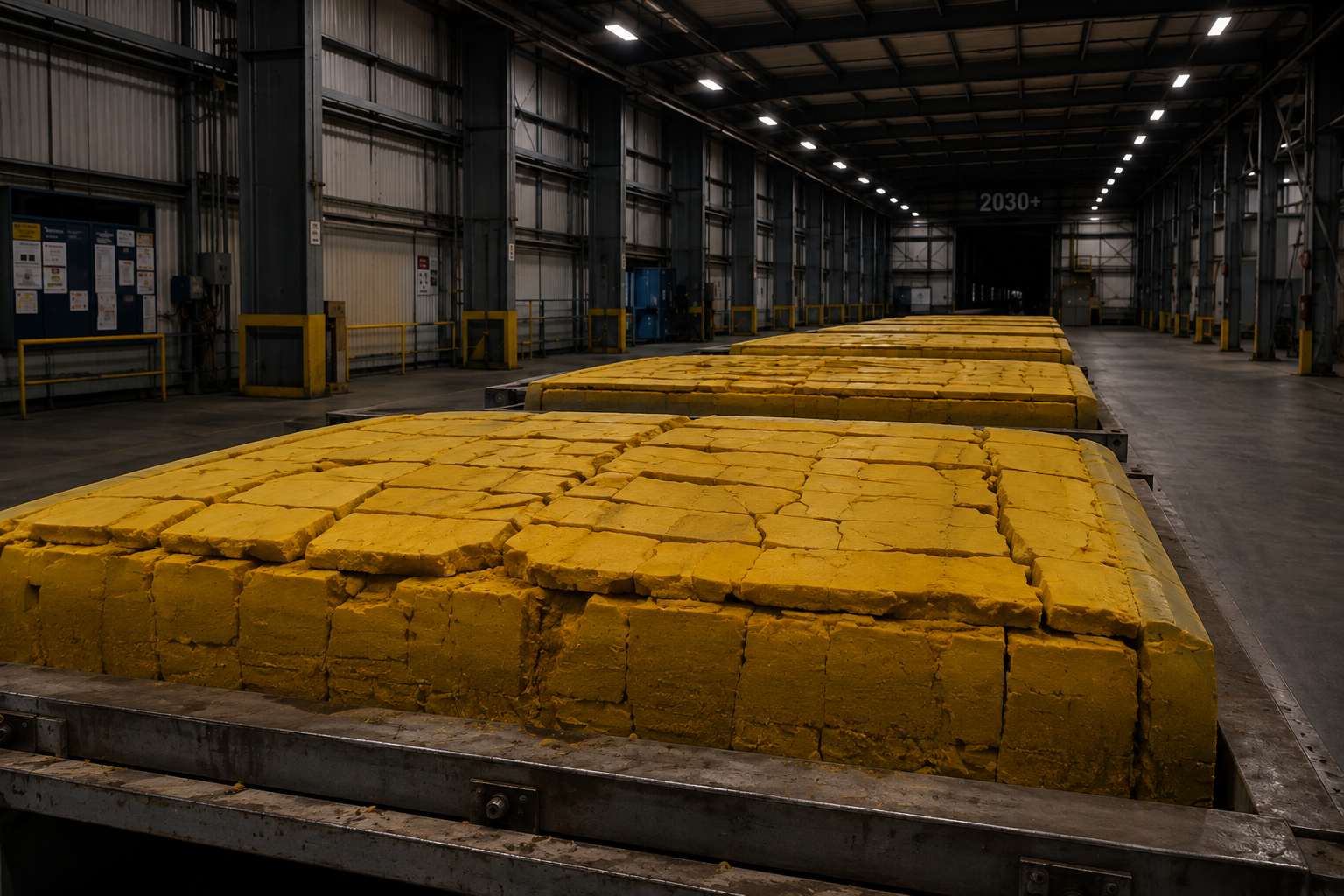 Large quantities of dense yellow uranium concentrate are stored inside a secure industrial facility, with the visible inventory diminishing toward a darkened area marked “2030+,” symbolizing how existing inventories can delay uranium procurement even as future supply coverage falls after 2030.