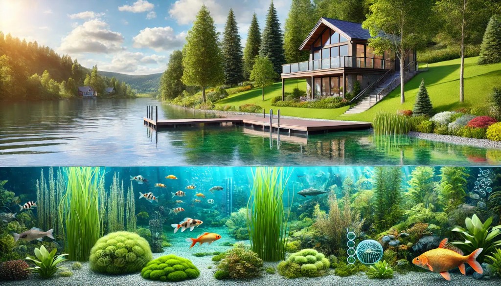 Sustainable Lakefront Restoration Scene A restored lakefront property with crystal-clear water, thriving aquatic life, and a modern dock amidst lush greenery.