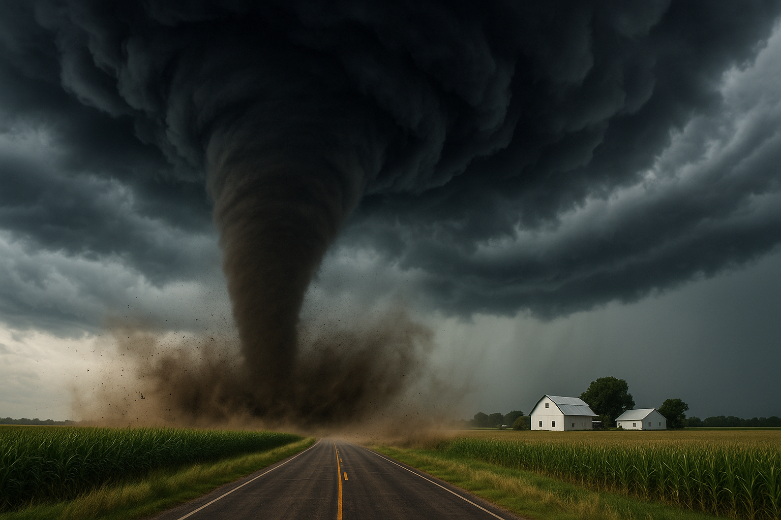 Massive F Tornado Threatens Rural Farmland Powerful tornado spins across rural road, flanked by storm clouds and cornfields