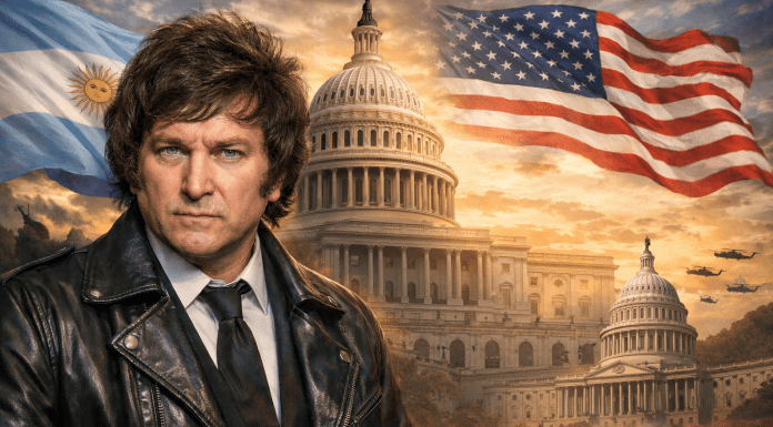 Milei’s Libertarianism & U.S. Loyalty Javier Milei before U.S. Capitol and flags under dramatic sky