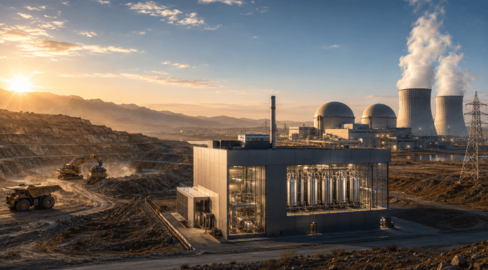 NLR’s Nuclear Exposure Runs Deep Hyper-realistic wide image showing a uranium mining site, a modern nuclear fuel-cycle facility, and a nuclear power plant connected by transmission lines at golden hour.
