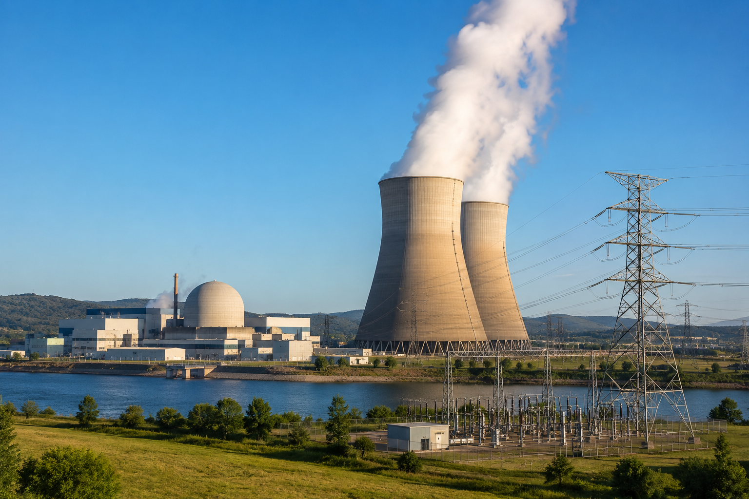 A wide, photorealistic view of a nuclear power plant with cooling towers, reactor buildings, transmission towers, and a substation connected to the electric grid.