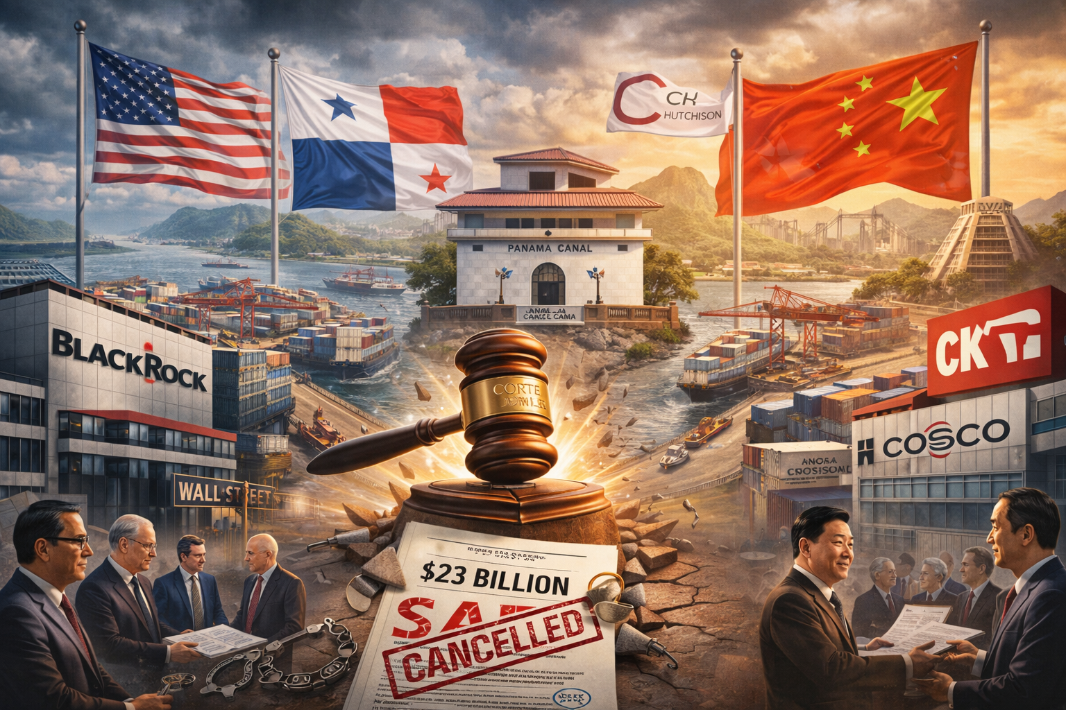 Court gavel over Panama Canal ports with U.S., China, and corporate symbols showing geopolitical conflict Court gavel over Panama Canal ports with U.S., China, and corporate symbols showing geopolitical conflict