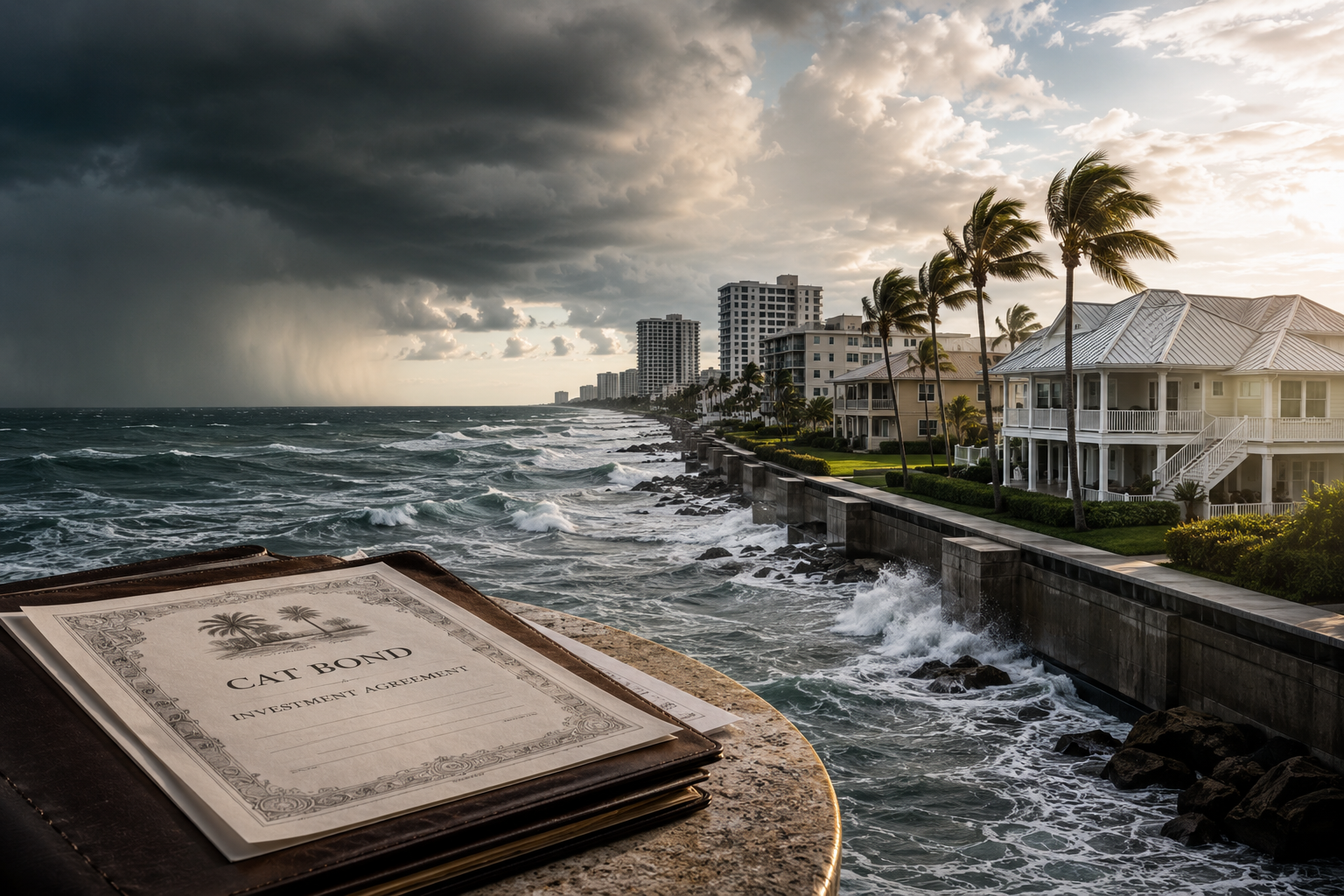 Hyper-realistic Florida coastline with stormy ocean waves, dark hurricane clouds, reinforced beachfront homes, palm trees, seawall infrastructure, and a foreground catastrophe bond document symbolizing financial resilience.