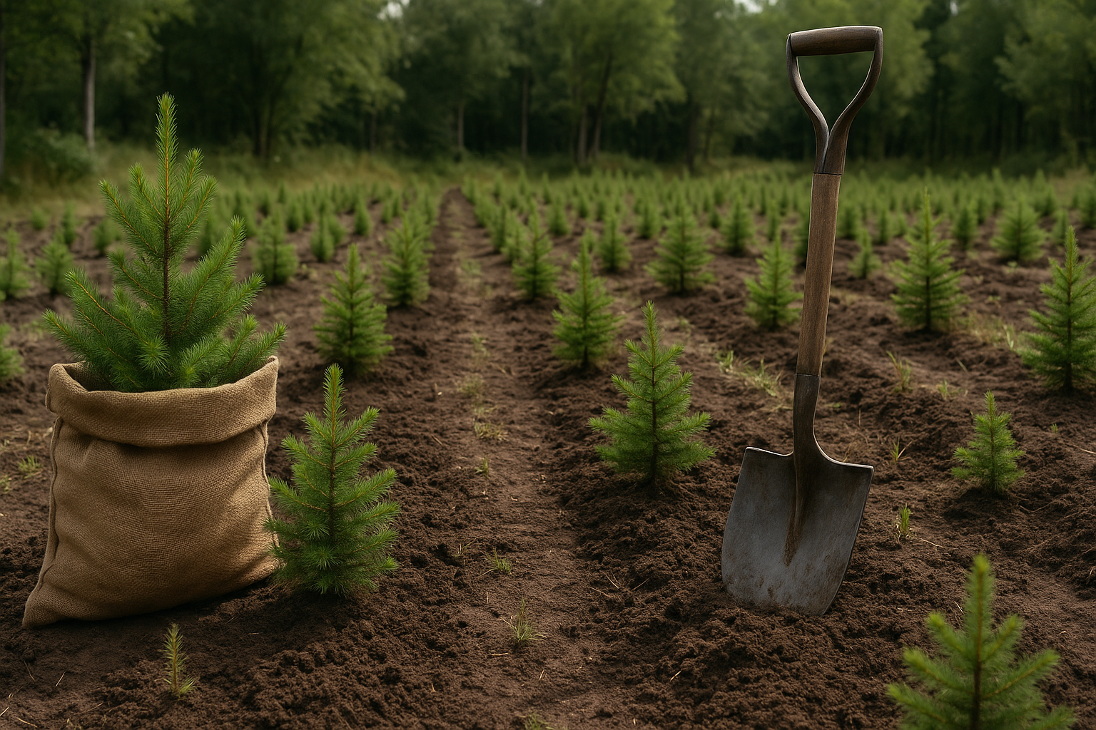 Rows of Renewal Young conifer saplings planted in neat rows across soil, with a shovel and sack of trees in the foreground.