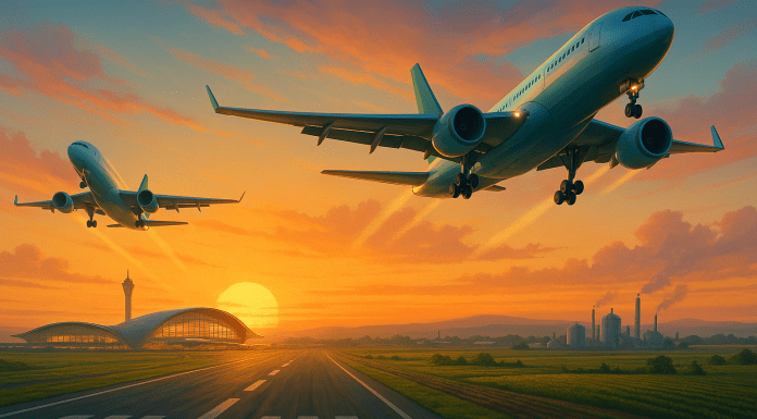Two large SAF-powered planes taking off from futuristic airport at sunrise