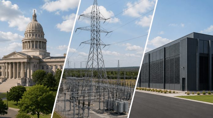 Triptych showing a state capitol, electrical substation, and data center.