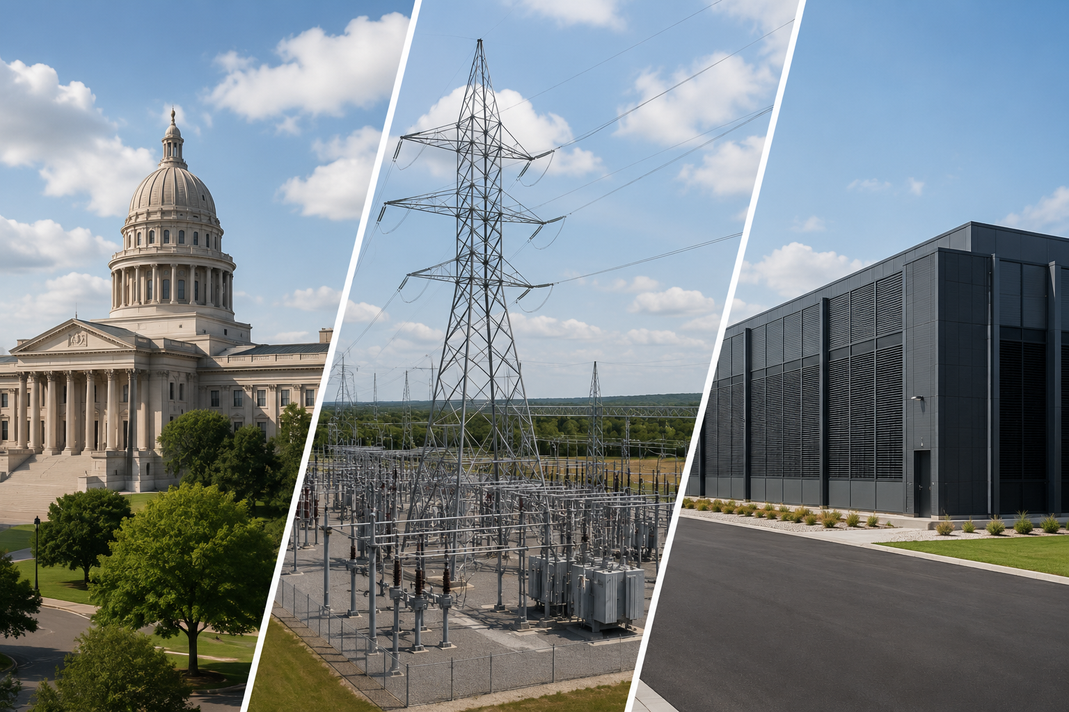 State Policy Grid Power and Data Centers Triptych showing a state capitol, electrical substation, and data center.