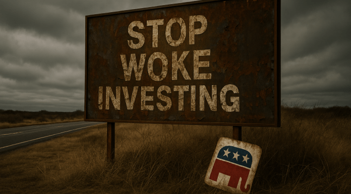 “Woke” ESG: The Timeworn Bear Reawakens Rusted “Stop Woke Investing” billboard with faded GOP elephant placard at its base