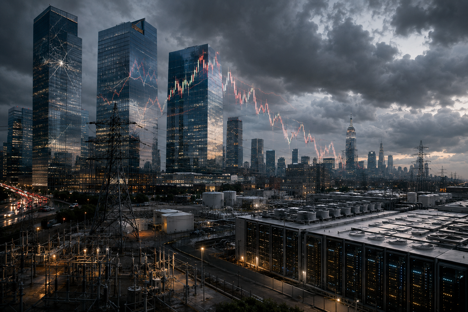 Stormy Financial Cityscape and Industrial Grid Stormy Financial Cityscape and Industrial Grid
