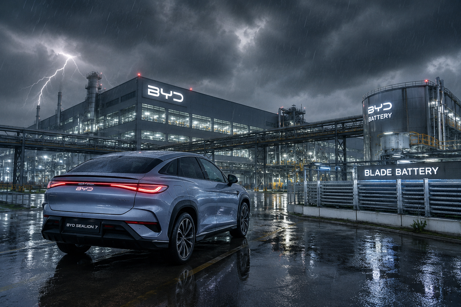Stormy night at BYD factory Stormy night at BYD factory