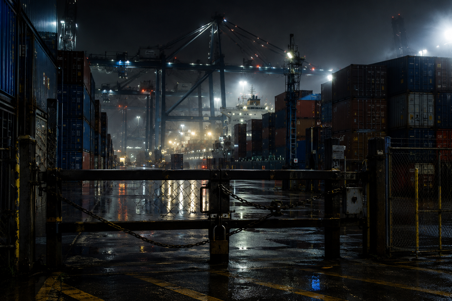 Strategic Port Control Behind Closed Gates Locked industrial gate overlooking a rain-soaked container terminal at night, with cranes, stacked cargo containers, and a docked ship in the distance.